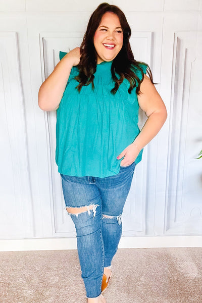 Love Life Cotton Turquoise Frill Mock Neck Flutter Sleeve Top - Online Only!