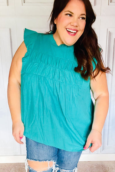 Love Life Cotton Turquoise Frill Mock Neck Flutter Sleeve Top - Online Only!