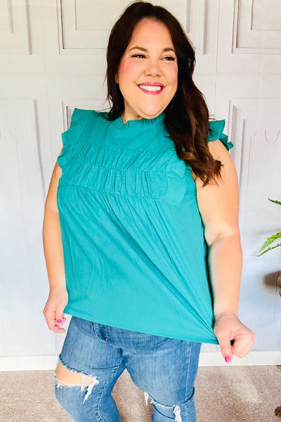 Love Life Cotton Turquoise Frill Mock Neck Flutter Sleeve Top - Online Only!