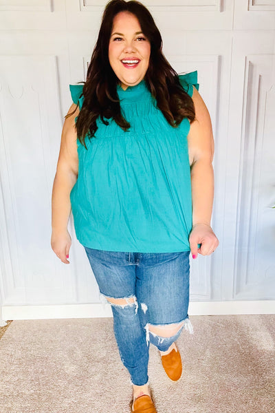 Love Life Cotton Turquoise Frill Mock Neck Flutter Sleeve Top - Online Only!