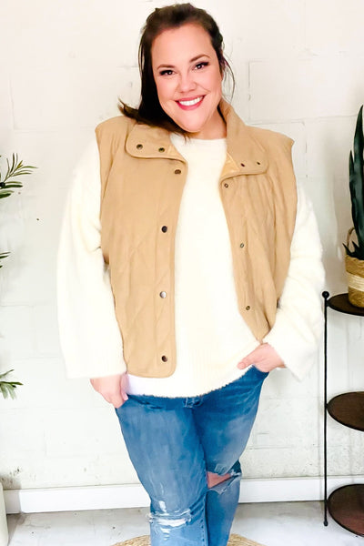 Fall Vibes Taupe Corduroy Snap Button Quilted Vest - Online Only!