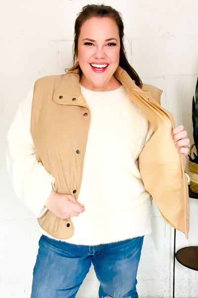 Fall Vibes Taupe Corduroy Snap Button Quilted Vest - Online Only!