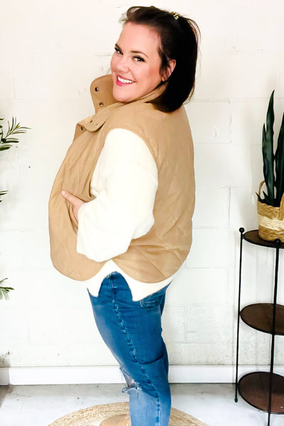 Fall Vibes Taupe Corduroy Snap Button Quilted Vest - Online Only!