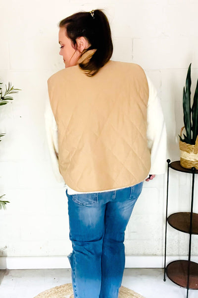 Fall Vibes Taupe Corduroy Snap Button Quilted Vest - Online Only!