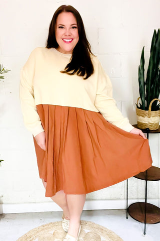 Bedazzled Cream & Rust Pleated Skirt French Terry Cotton Dress - Online Only!