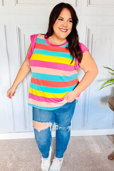 Relaxed Fun Mint & Fuchsia Stripe Flutter Sleeve Terry Knit Top - Online Only!