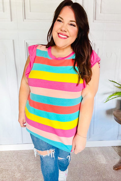 Relaxed Fun Mint & Fuchsia Stripe Flutter Sleeve Terry Knit Top - Online Only!