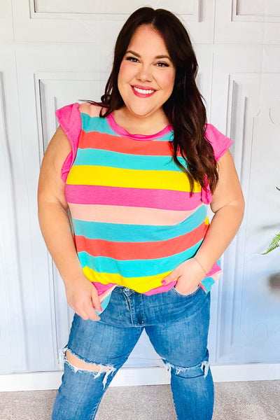 Relaxed Fun Mint & Fuchsia Stripe Flutter Sleeve Terry Knit Top - Online Only!