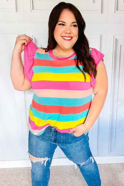 Relaxed Fun Mint & Fuchsia Stripe Flutter Sleeve Terry Knit Top - Online Only!