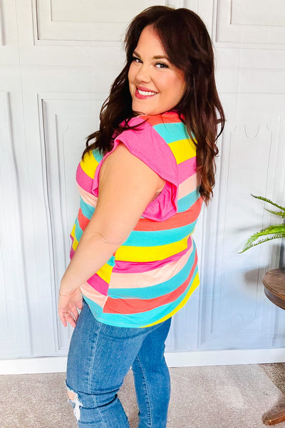 Relaxed Fun Mint & Fuchsia Stripe Flutter Sleeve Terry Knit Top - Online Only!