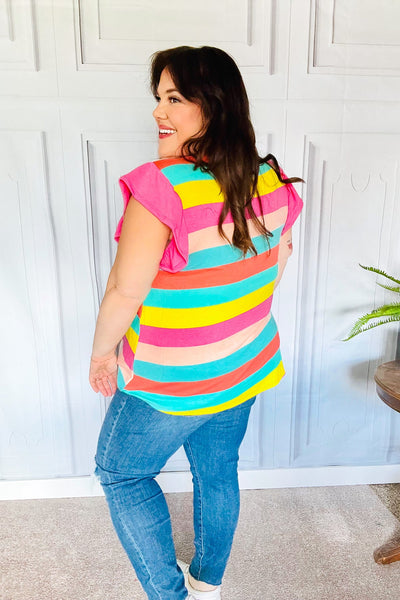 Relaxed Fun Mint & Fuchsia Stripe Flutter Sleeve Terry Knit Top - Online Only!