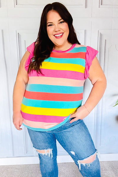 Relaxed Fun Mint & Fuchsia Stripe Flutter Sleeve Terry Knit Top - Online Only!