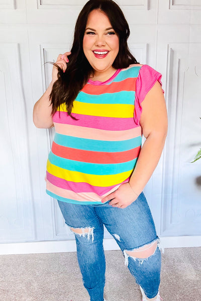 Relaxed Fun Mint & Fuchsia Stripe Flutter Sleeve Terry Knit Top - Online Only!
