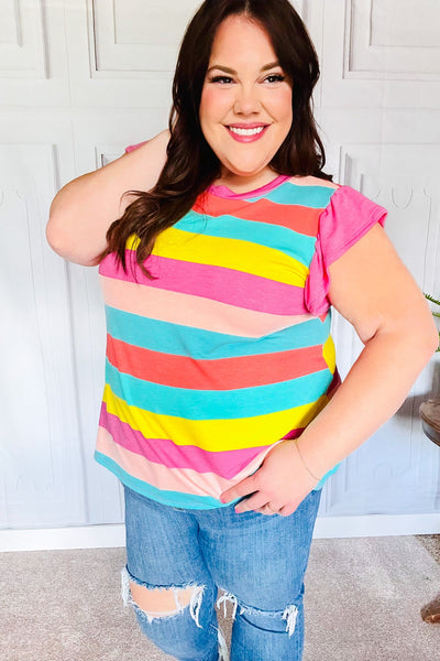 Relaxed Fun Mint & Fuchsia Stripe Flutter Sleeve Terry Knit Top - Online Only!