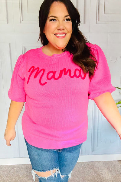 Take A Bow Pink "Mama" Embroidery Puff Sleeve Sweater Top - Online Only!