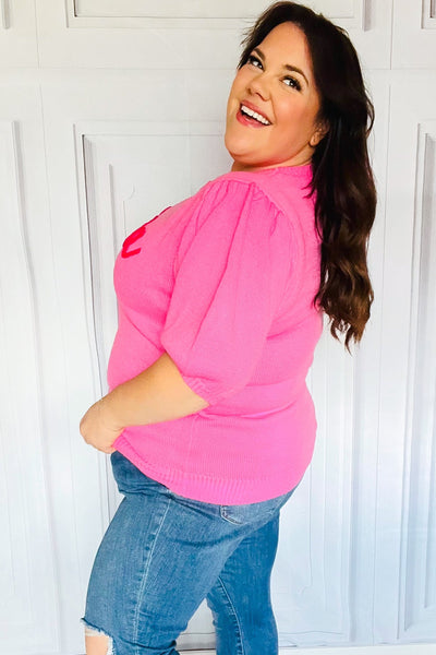 Take A Bow Pink "Mama" Embroidery Puff Sleeve Sweater Top - Online Only!