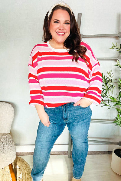 Follow Me Red/Pink Loose Knit Stripe Ribbed Pullover - Online Only!