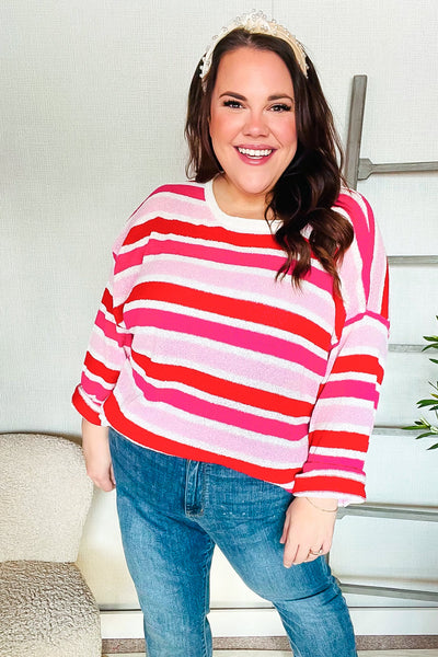 Follow Me Red/Pink Loose Knit Stripe Ribbed Pullover - Online Only!