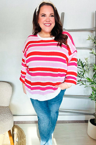 Follow Me Red/Pink Loose Knit Stripe Ribbed Pullover - Online Only!