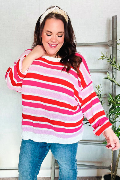 Follow Me Red/Pink Loose Knit Stripe Ribbed Pullover - Online Only!