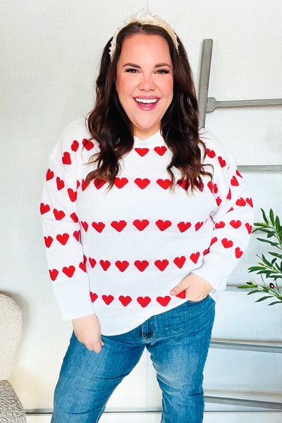 Be Mine White Jacquard Heart Stripe Pullover Sweater - Online Only!