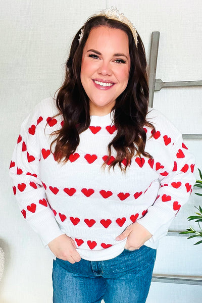 Be Mine White Jacquard Heart Stripe Pullover Sweater - Online Only!