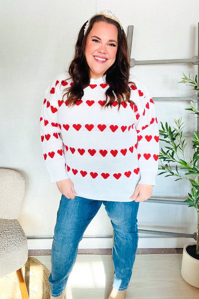 Be Mine White Jacquard Heart Stripe Pullover Sweater - Online Only!