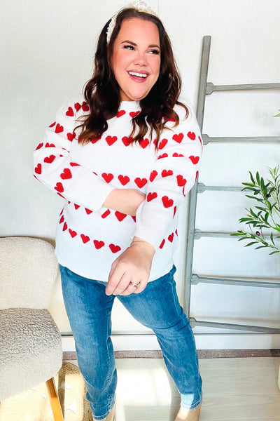 Be Mine White Jacquard Heart Stripe Pullover Sweater - Online Only!