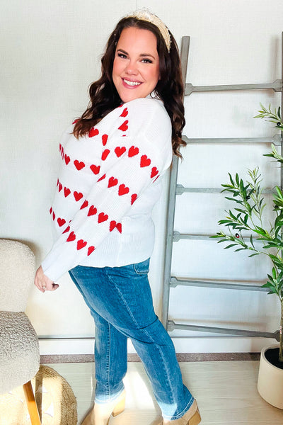 Be Mine White Jacquard Heart Stripe Pullover Sweater - Online Only!