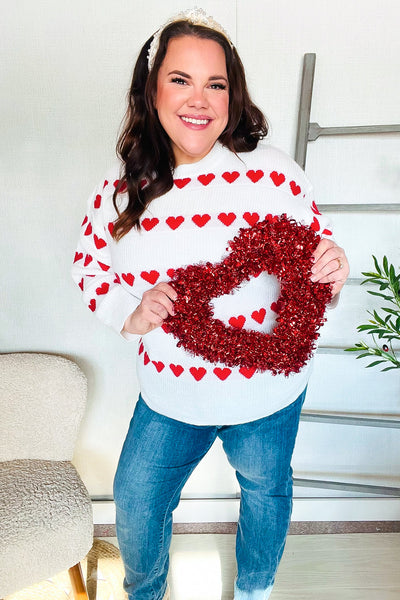 Be Mine White Jacquard Heart Stripe Pullover Sweater - Online Only!