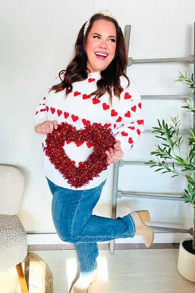 Be Mine White Jacquard Heart Stripe Pullover Sweater - Online Only!