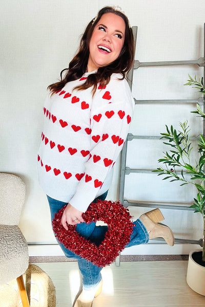 Be Mine White Jacquard Heart Stripe Pullover Sweater - Online Only!
