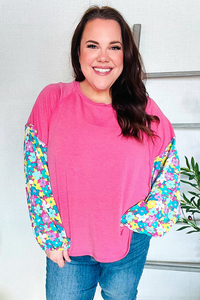 Lock Eyes Pink & Floral Bubble Sleeve French Terry Pullover - Online Only!