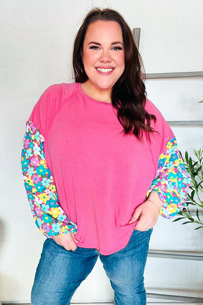 Lock Eyes Pink & Floral Bubble Sleeve French Terry Pullover - Online Only!