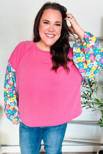 Lock Eyes Pink & Floral Bubble Sleeve French Terry Pullover - Online Only!