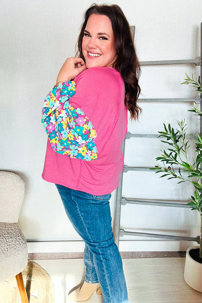Lock Eyes Pink & Floral Bubble Sleeve French Terry Pullover - Online Only!