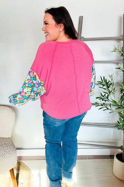 Lock Eyes Pink & Floral Bubble Sleeve French Terry Pullover - Online Only!