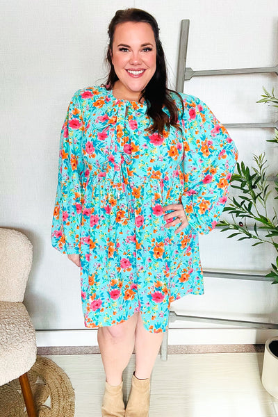 Aqua Floral Ribbon Bow Tie Babydoll Dress - Online Only!