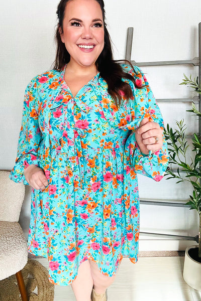 Aqua Floral Ribbon Bow Tie Babydoll Dress - Online Only!