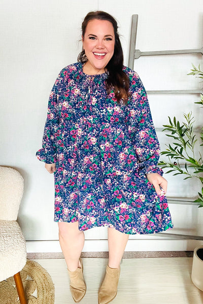Navy Floral Bow Tie Babydoll Long Ruffle Sleeve Dress - Online Only!