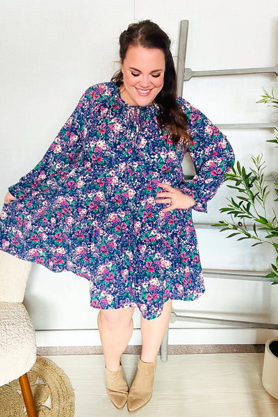 Navy Floral Bow Tie Babydoll Long Ruffle Sleeve Dress - Online Only!
