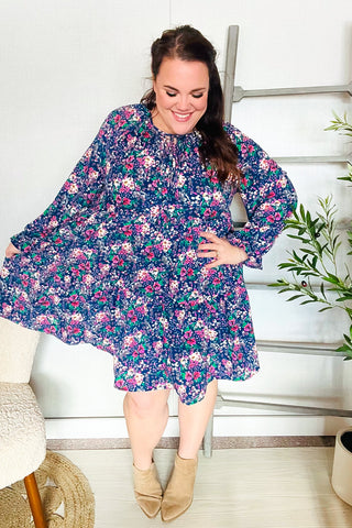 Navy Floral Bow Tie Babydoll Long Ruffle Sleeve Dress - Online Only!
