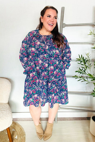 Navy Floral Bow Tie Babydoll Long Ruffle Sleeve Dress - Online Only!