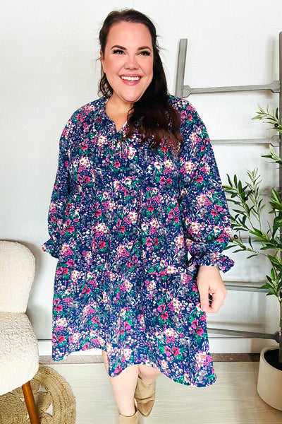 Navy Floral Bow Tie Babydoll Long Ruffle Sleeve Dress - Online Only!