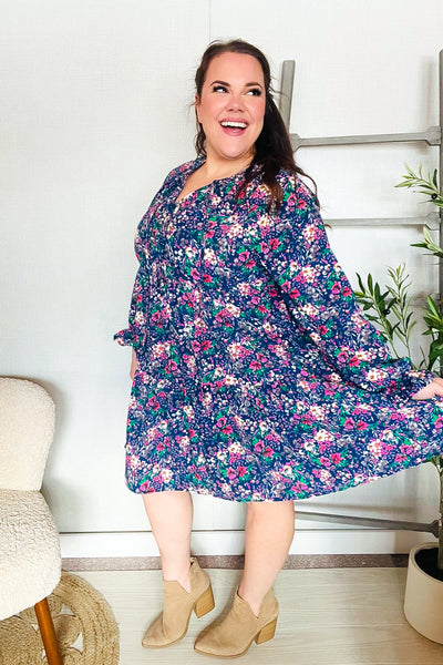 Navy Floral Bow Tie Babydoll Long Ruffle Sleeve Dress - Online Only!
