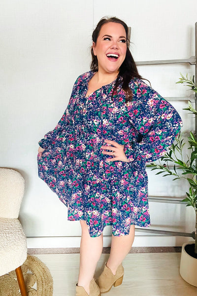Navy Floral Bow Tie Babydoll Long Ruffle Sleeve Dress - Online Only!