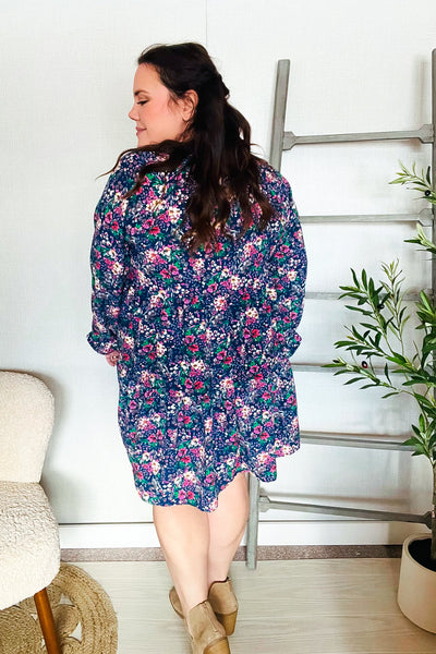 Navy Floral Bow Tie Babydoll Long Ruffle Sleeve Dress - Online Only!