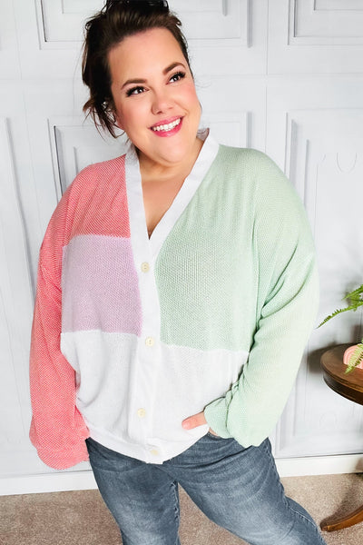 Cozy Up Coral & Sage Two Tone Jacquard Knit Color Block Cardigan - Online Only!