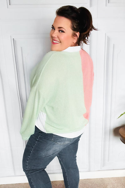 Cozy Up Coral & Sage Two Tone Jacquard Knit Color Block Cardigan - Online Only!