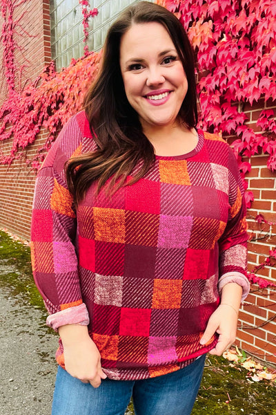 You Got This Burgundy Checker Plaid Print Hacci Knit Top - Online Only!